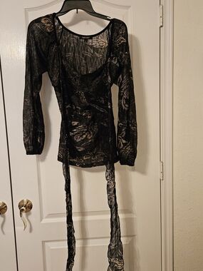 Karen Kane Black Sheer Blouse with Metallic Gold Print